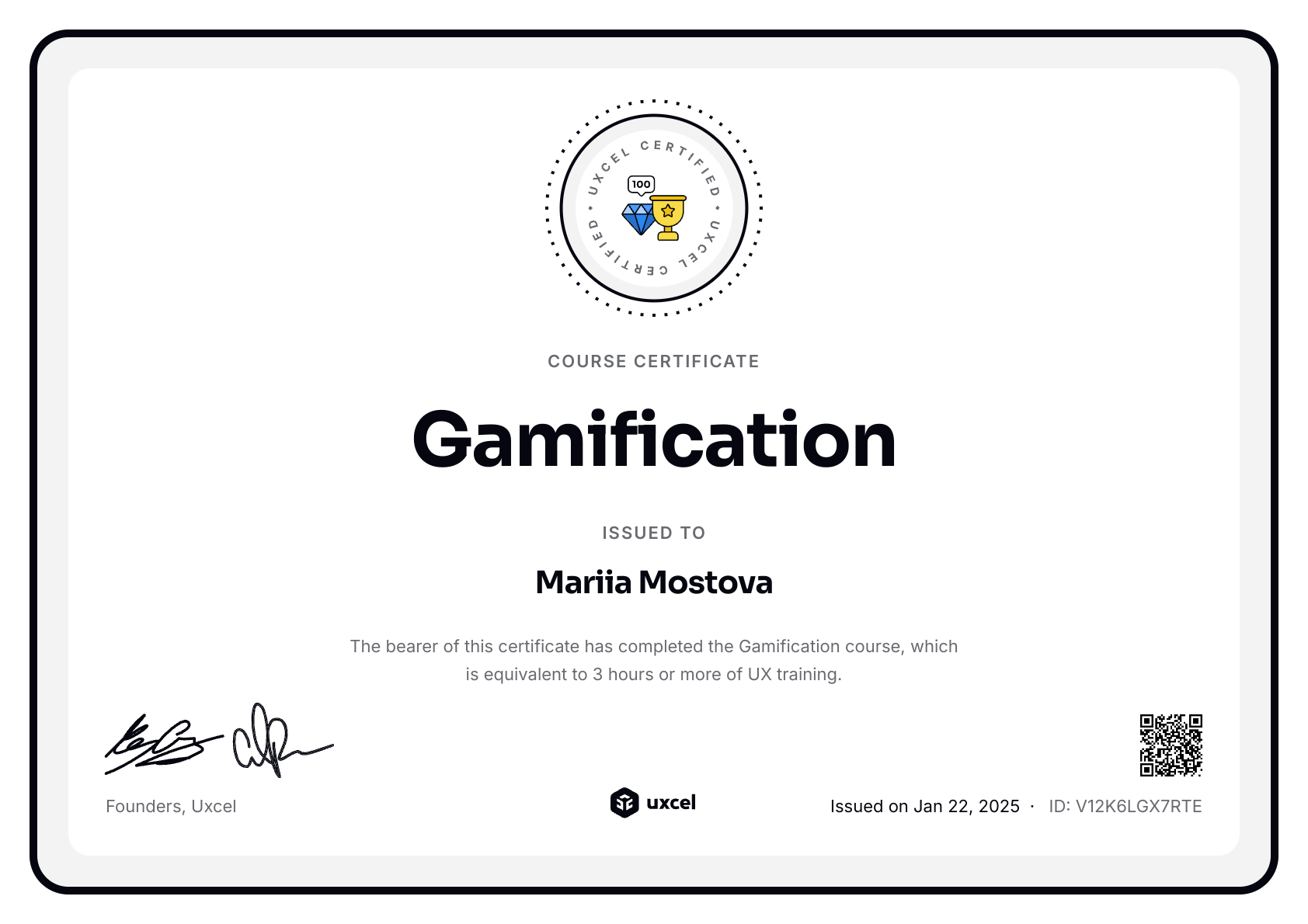 Mariia Mostova's certificate